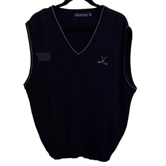 Pinnacle Golf Sweater Vest Mens Large Black Gray Golf Club Logo V Neck Pullover - Picture 1 of 10